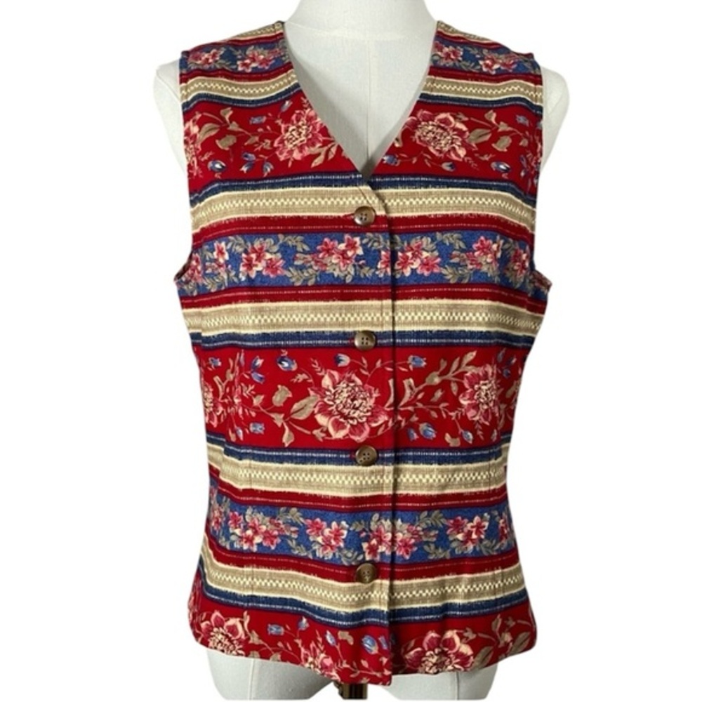 Talbots Vintage Red Floral 100% Cotton Vest Size Small Stripes